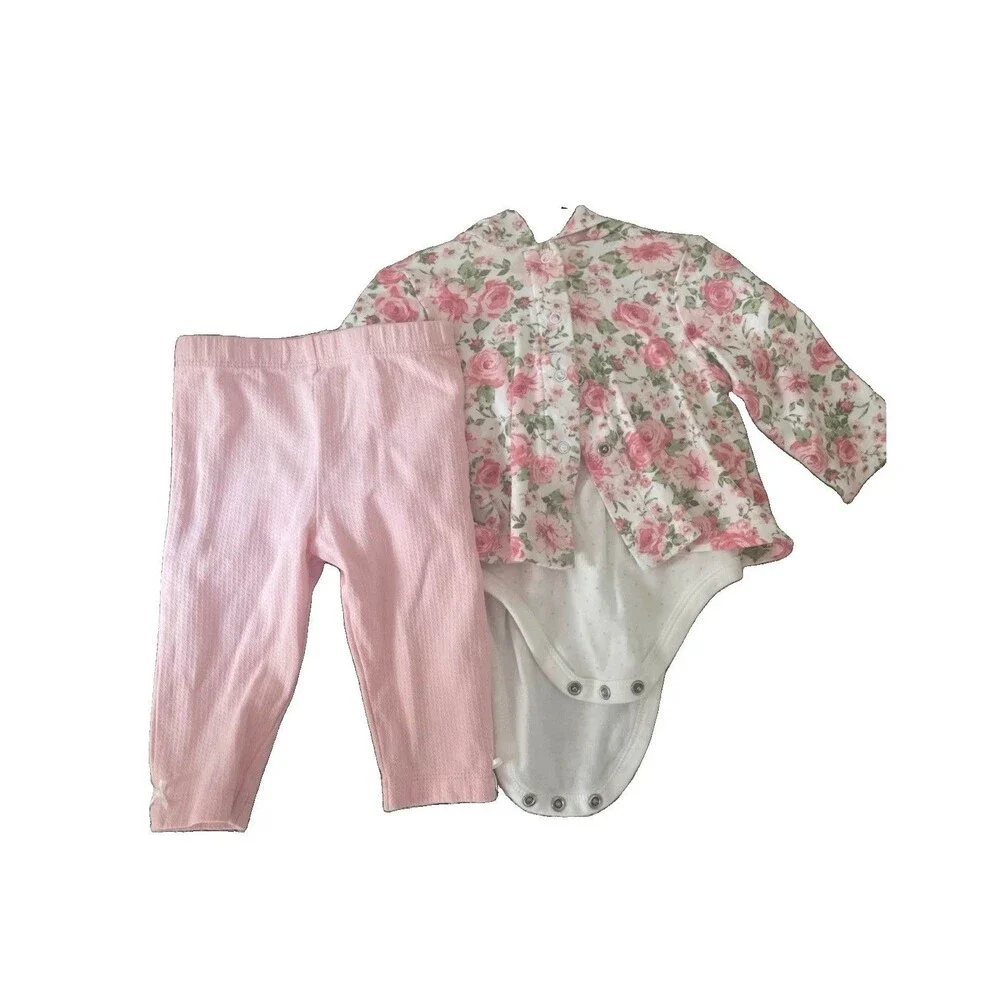 Little Me Girls 3pc Pants Set 6 9M Floral Long Sleeve Bodysuit Pink Pants Jacket